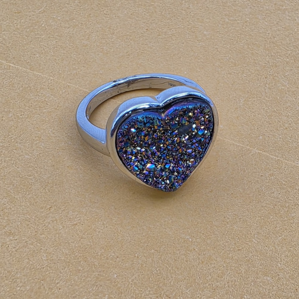 Rainbow Drusy Agate Heart Sterling Silver TGGC Vintage Ring Sz 7 Brazil Boho 925 - Picture 2 of 16